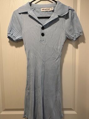 Self-Portrait Pale Blue Ribbed Polo Knit Dress